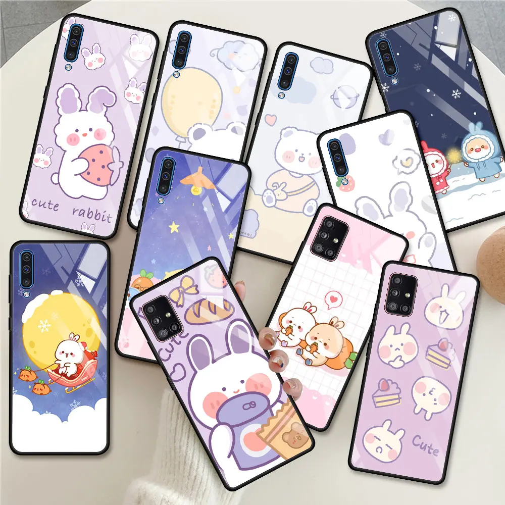 Glass Case For Samsung Galaxy A51 A50 A71 A70 A52 M31 A21s A31 A91 A30 M51 M30s Tempered Phone Coque Cute Cartoon Rabbit | Мобильные