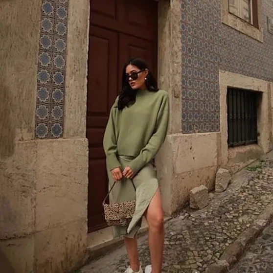 

Elfbop Wool Blend Ladies Avocado Green High Collar Long Sleeve Knitted Sweater Pullover Top - Fall/Winter Warmer Sweater