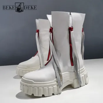 

Fashion Design Tassel Thick Bottom Platform White Boots Women 100% Genuine Leather Shoes High Quality Punk Autumn Casual Boots