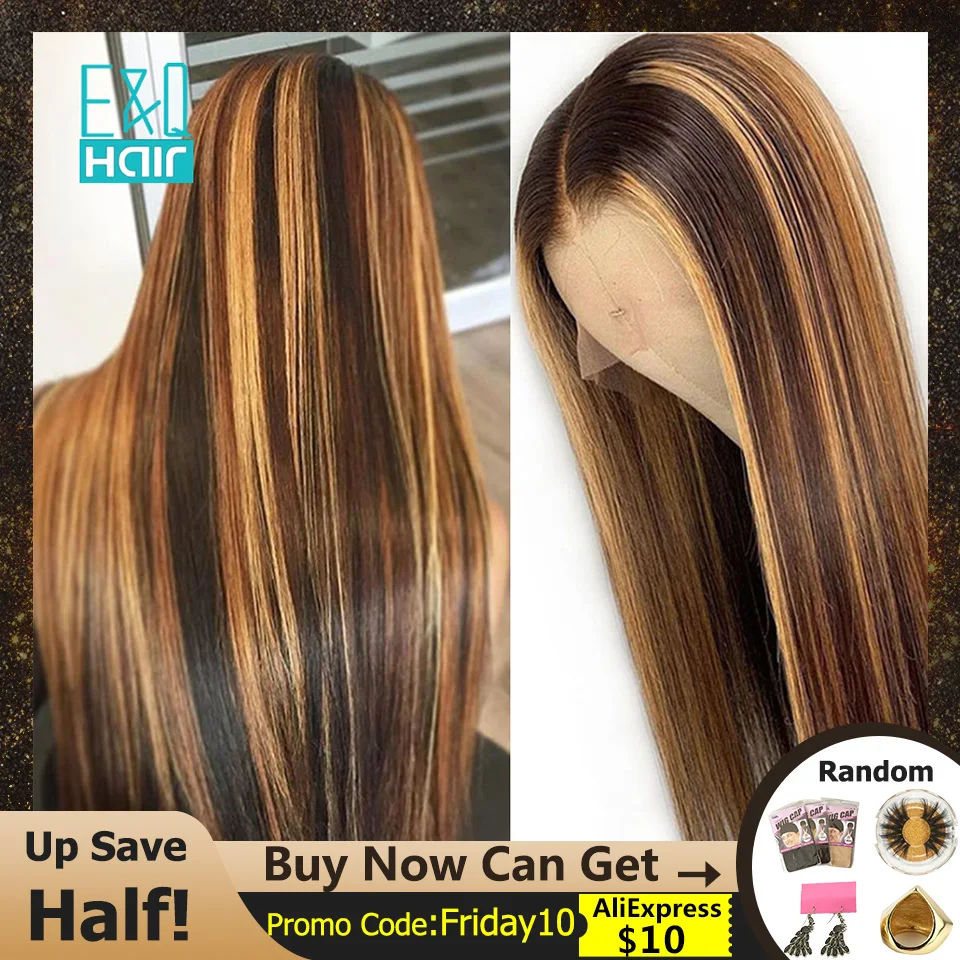 

13x6 Lace Front Human Hair Wig Straight Highlight Honey Blonde Brown 360 Lace Frontal Wig Pre Plucked Brazilian Remy For Women