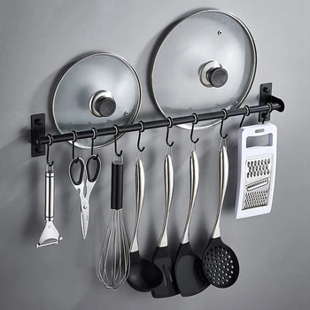 

Black 10 Hooks Wall Hanging Rail Rack Kitchen Utensil Wall Mounted Hanging Shelf Rack Durable Rustless Storage Shelf