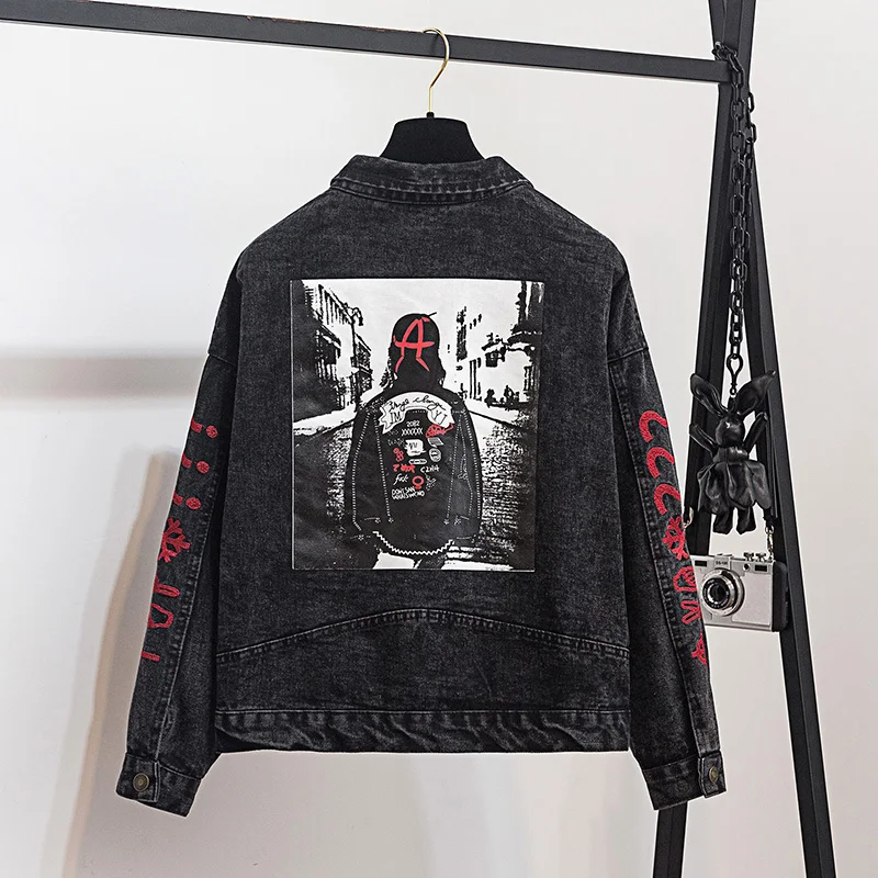 

Women Coat denim jacket plus size 2019 Winter New Large Size Women's Wear Korean Version Loose Cartoon Printed Jeans Coat