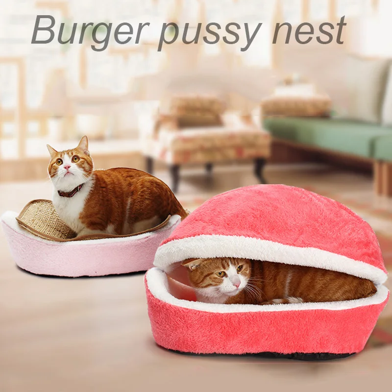 

Pets Bed Sleeping Bag Sofas Mat Removable Cat Dog Hamburger House Short Plush Small Pet Bed Warm Puppy Kennel Nest
