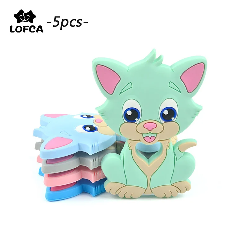 

LOFCA 5PC Baby Teether Silicone Cat Toys Necklace Accessories Cartoon Infant Chew Silicone Beads Soft teether DIY Pacifier chain
