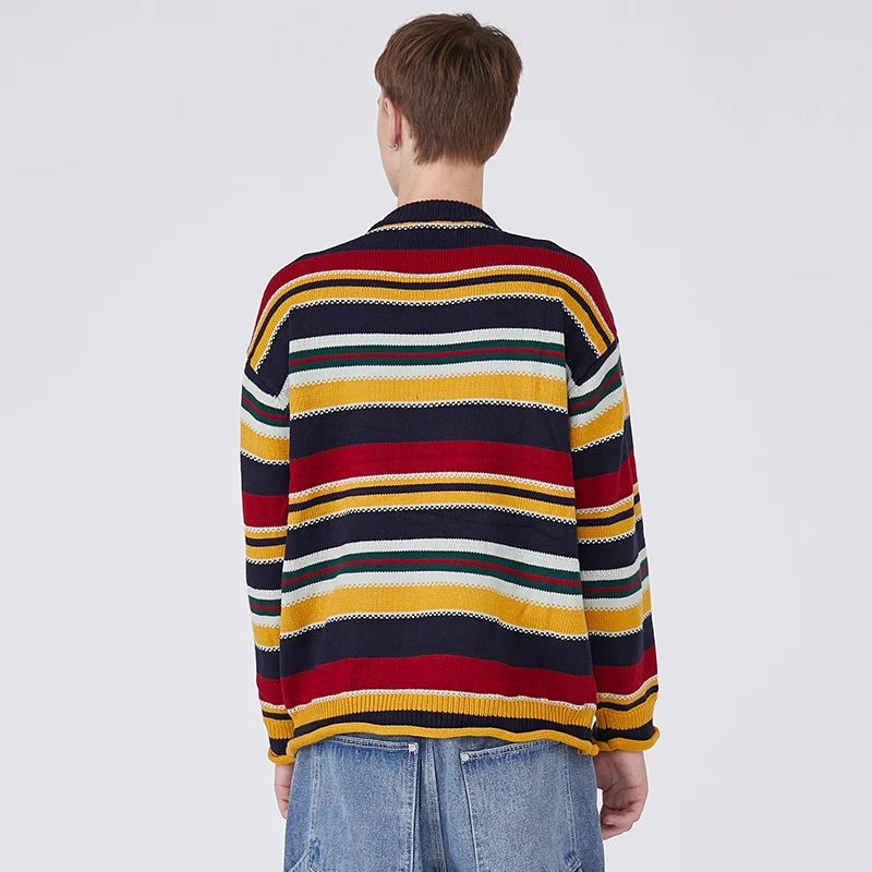 Cheap Aolamegs Sweater Men Retro Hit Color Striped Print O-Neck Sweater Simple Casual Harajuku Style Lovers Knitted Streetwear Autumn
