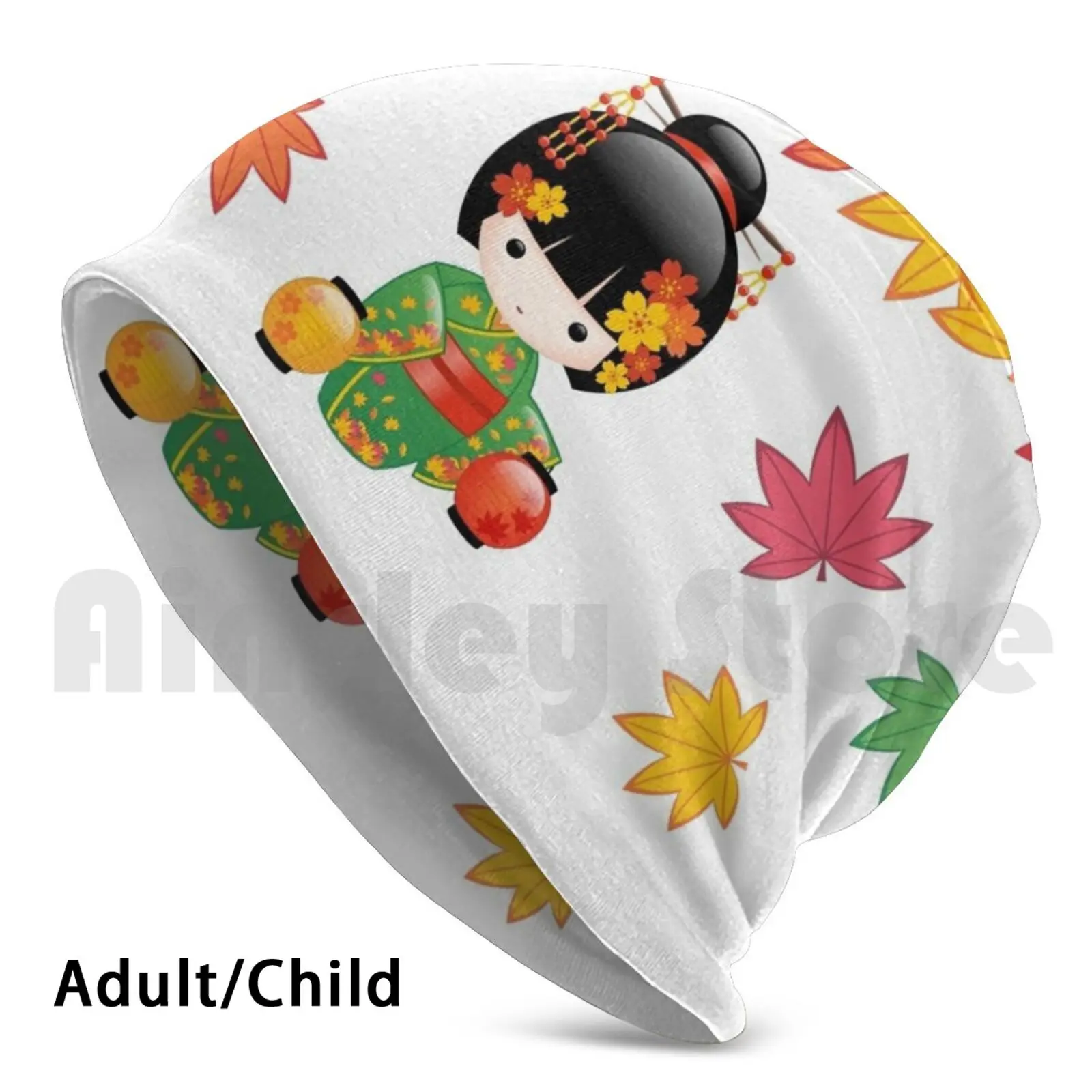 Giapponese Autunno Kokeshi Doll Beanie Hedging Cap Stampa Fai Da Te Cuscino Autunno Kokeshi Doll Cute Girly Vector Geisha Autunno Kimono