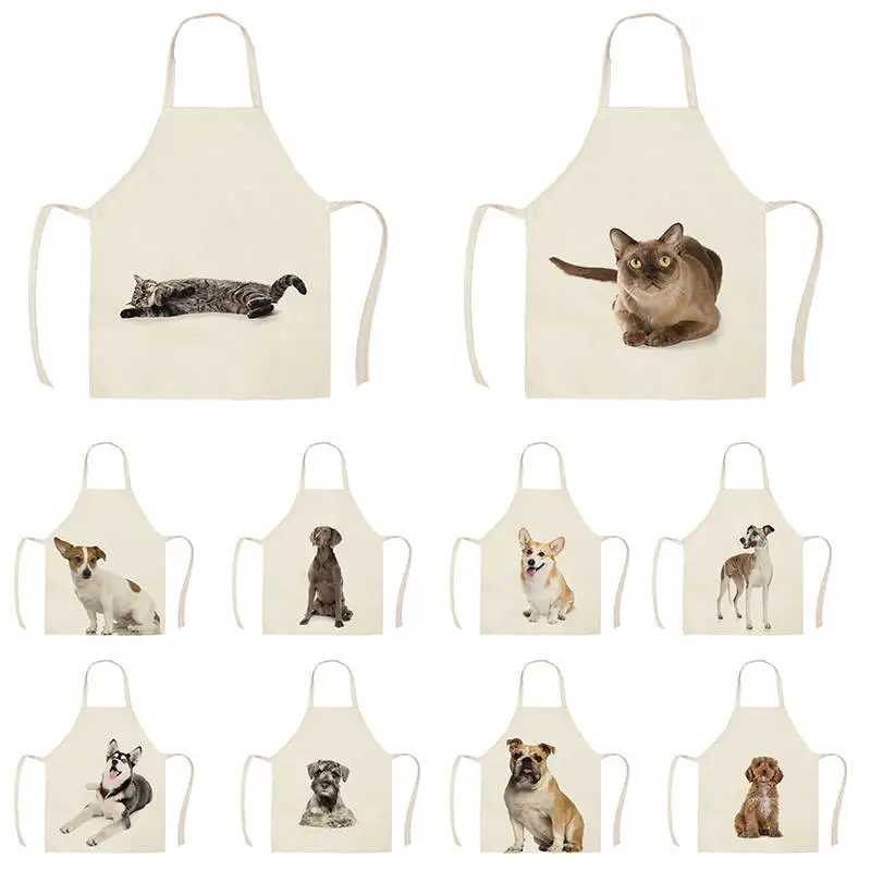 1Pcs Kitchen Apron Cute Pet Dogs/Cats Printing Sleeveless Cotton Linen Aprons for Men Women Home Cleaning Tools WQ360