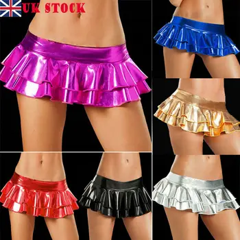 

UK Women's Ladies Metallic Shiny Bodycon Mini Dress Party Clubwear Short Skirt