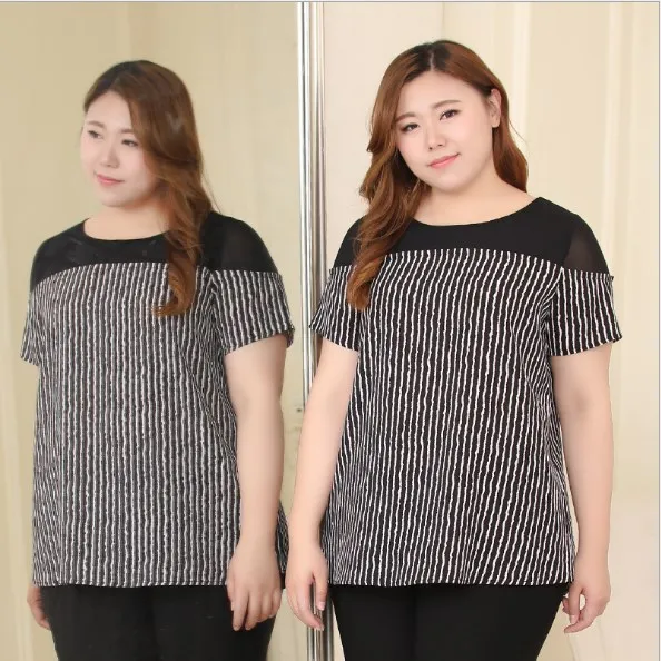 Женская одежда 10XL размера плюс корейские женские футболки новые летние свободные стильные сетчатые Лоскутные офисные полосатые футболки HJ781