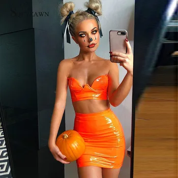 

Sexy Spaghetti Strap Pu Leather 2 Piece Sets Summer Women Sleeveless Tube Top and Mini Skirt Dress Sets Party Nightwear Outfits