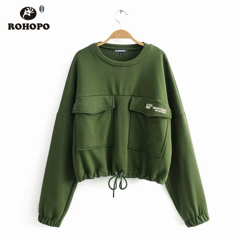 ROHOPO, круглый воротник, длинный рукав, осень, Джерси, зеленый, толстовка, грудь, большие карманы, на завязках, подол, пуловер, толстовки#91069 - Цвет: As Picture