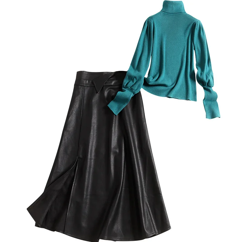 

Autumn Autumn Black PU Leather 2 Piece Set Women Long Sleeve Knit Pullover + High Waist Midi Skirt Elegant two piece outfits