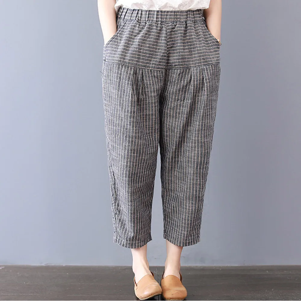 Supermiss Women Summer Linen Pants Long Harem Stripe Capri Pants Elastic Waist Casual Cargo Female Long Trousers Plus Size Supermiss Women Summer Linen Pants Long Harem Stripe Capri Pants Elastic Waist Casual Cargo Female Long Trousers Plus Size