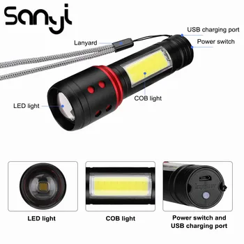 

Flashlight Linterna LED 2-in-1 Spotlight 5 Modes T6 COB Built in 18650 Battery Flashlamp USB Rechargeable Torch Repair Lighting