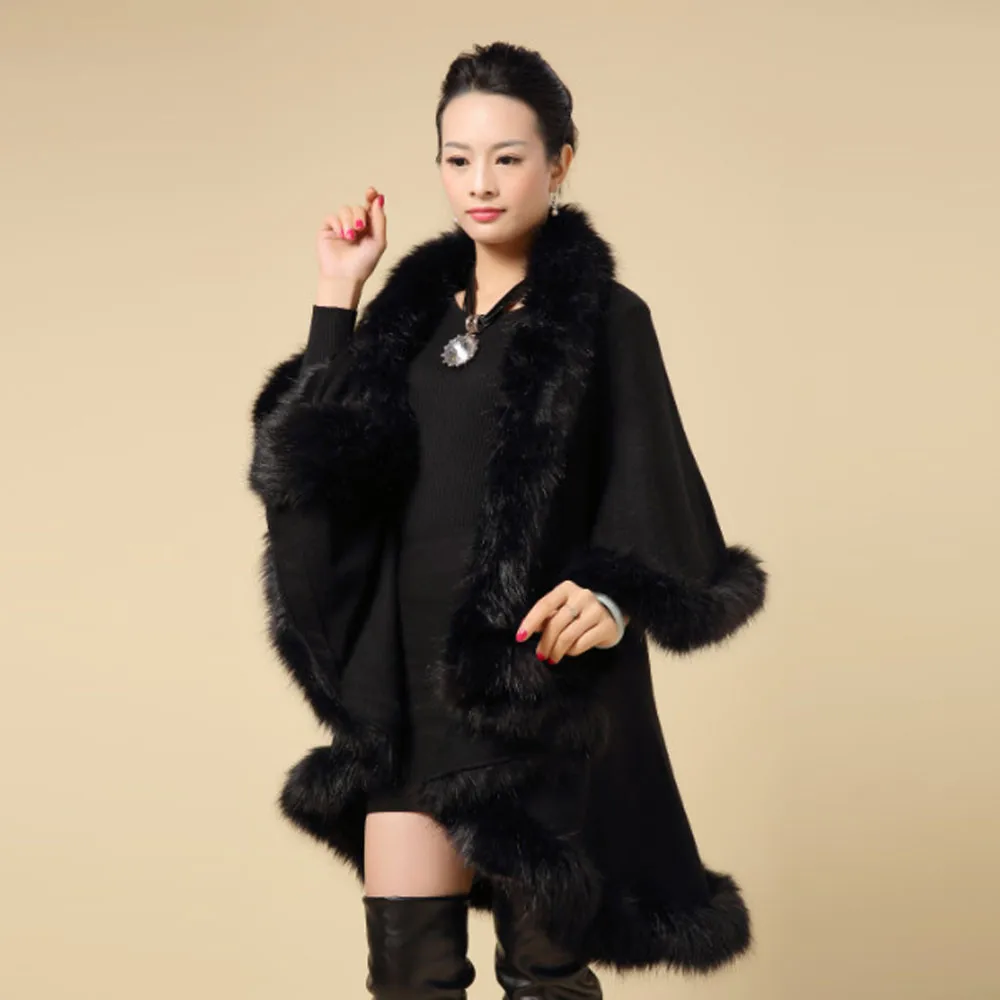 Для женщин женский Осень искусственный меховой воротник пончо тонкий палантин Обёрточная бумага пальто с капюшоном