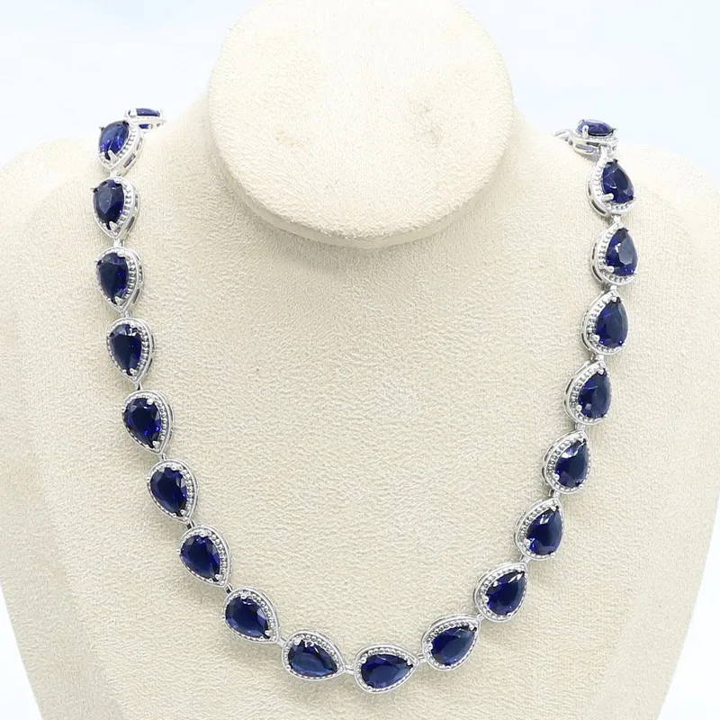 925 Sterling Silver Necklace for Women Water Drop White Zircon Bridal Jewelry Free Gift Box - Окраска металла: Blue
