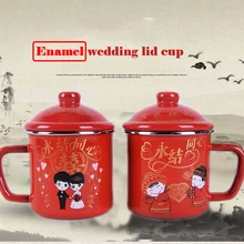 2 uds. Taza esmaltada festiva de color rojo de taza de té de boda clásica copa de enjuague bucal de pareja con tapa gruesa taza de boda de esmalte de calibre de 10cm