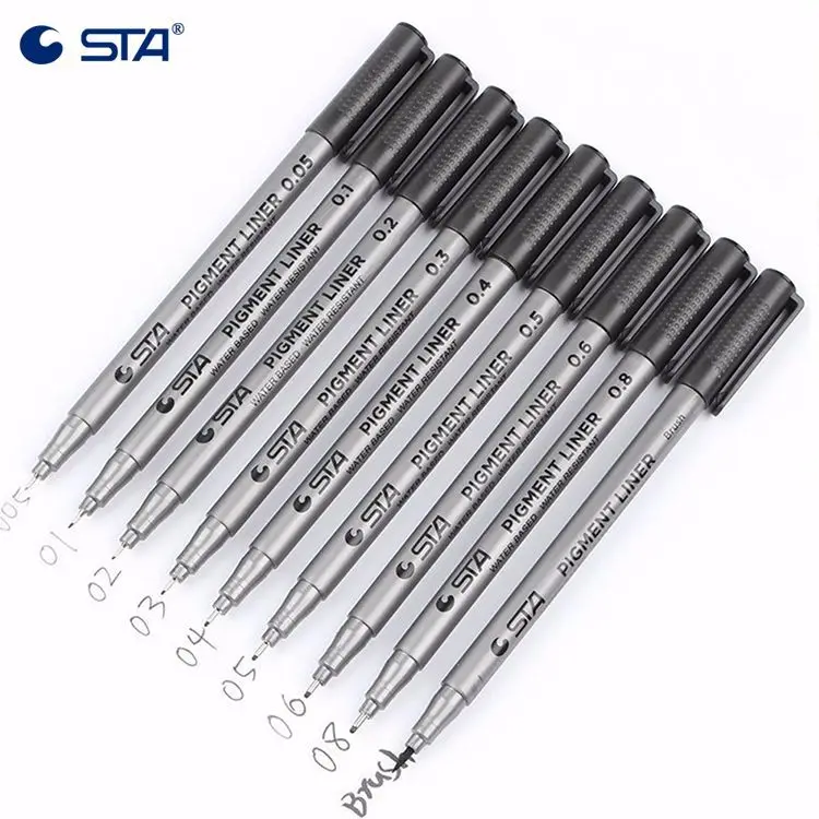 STA Black Pigment Fine Liner Brush Drawing Scrapbooking Pens 9 Pack