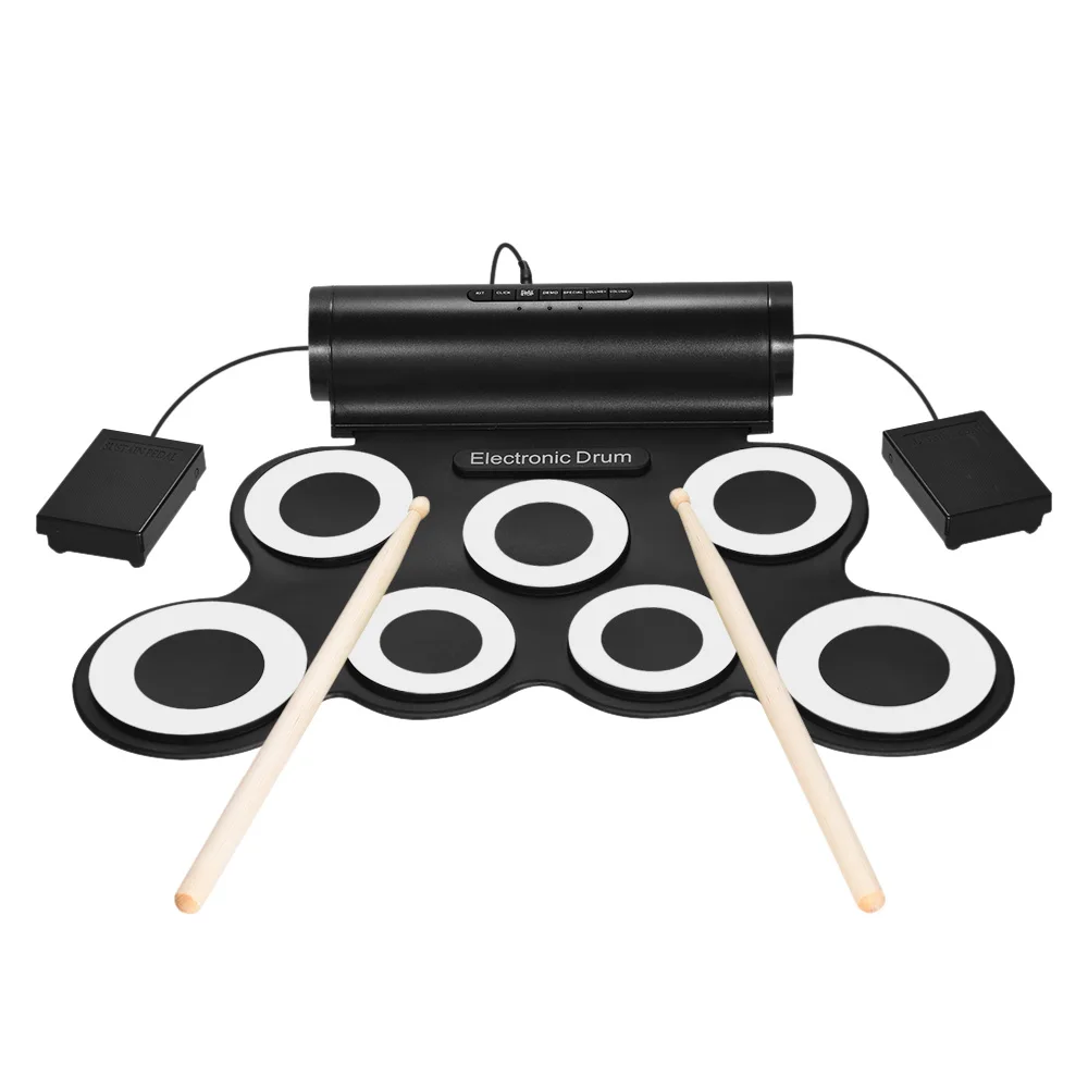Портативный цифровой стерео электронный барабанный набор 7 силиконовых подушечек с питанием от USB встроенный динамик с барабанные палочки, ножные педали 3,5 мм аудио