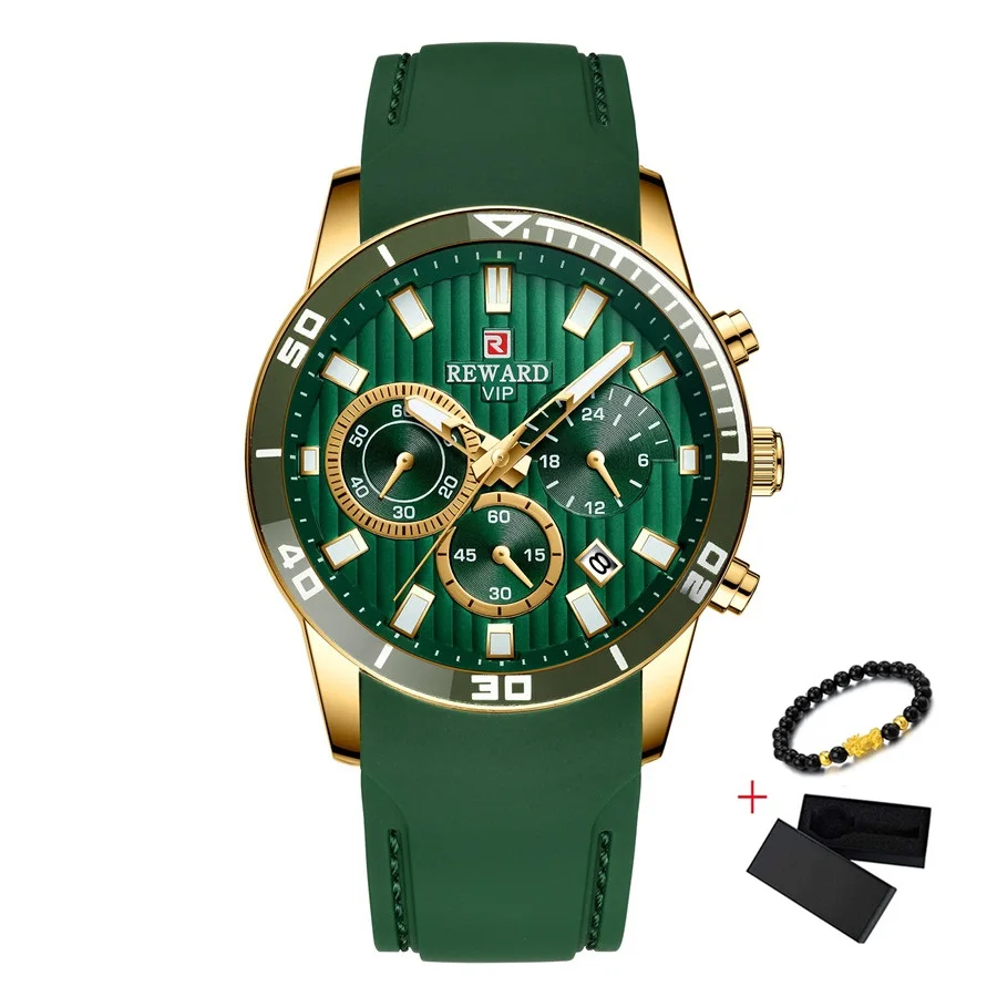 Gold Green Green Наградные Зеленые Силиконовые часы для мужчин люксовый бренд хронограф мужские спортивные часы кожаный ремешок кварцевые наручные часы Relogio Masculino - Цвет: Gold Green Green