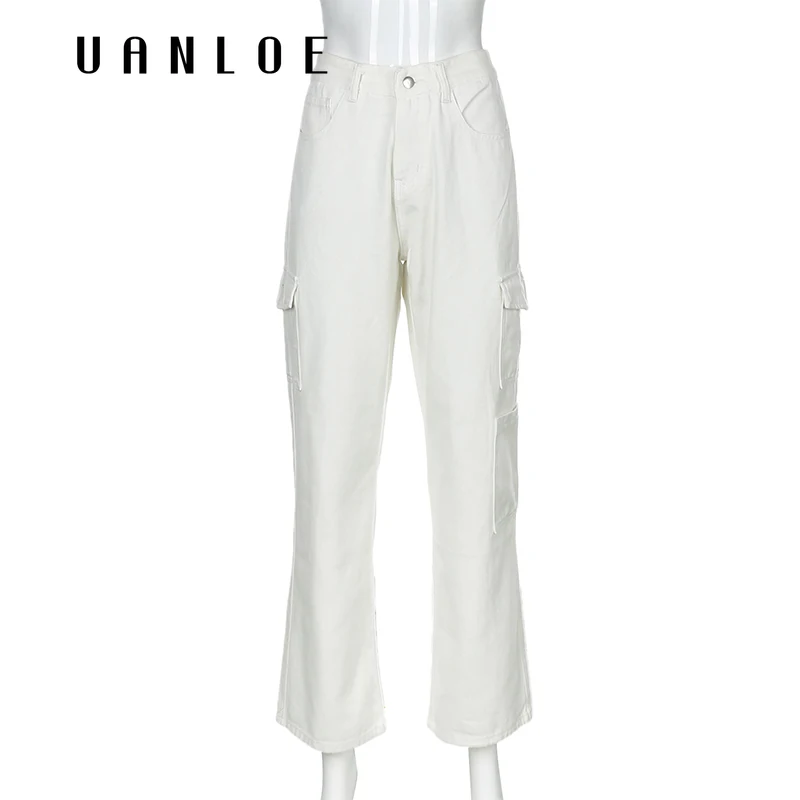 

Fashion Pocket White Women's Jeans Streetwear High Waist Jeans Vintage Straight Harajuku 2020 Denim Pants Cargo Pants