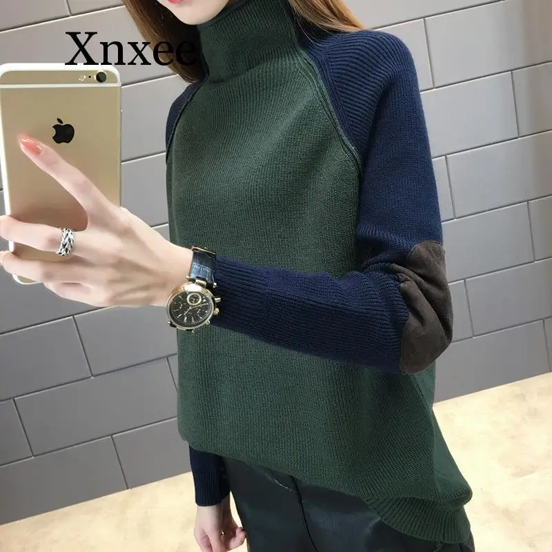 Wool sweater stitching multicolor Turtleneck autumn winter new women's turtleneck sweater loose Korean color matching long Wool sweater stitching multicolor Turtleneck autumn winter new women's turtleneck sweater loose Korean color matching long