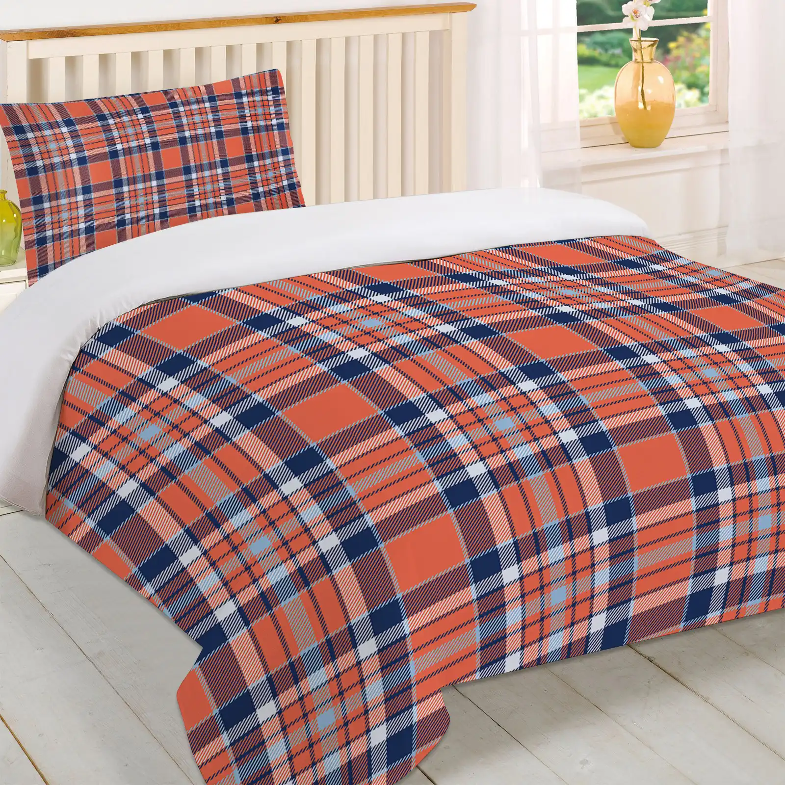 British Style Blue Orange Geometric Check Duvet Cover Pillow Case