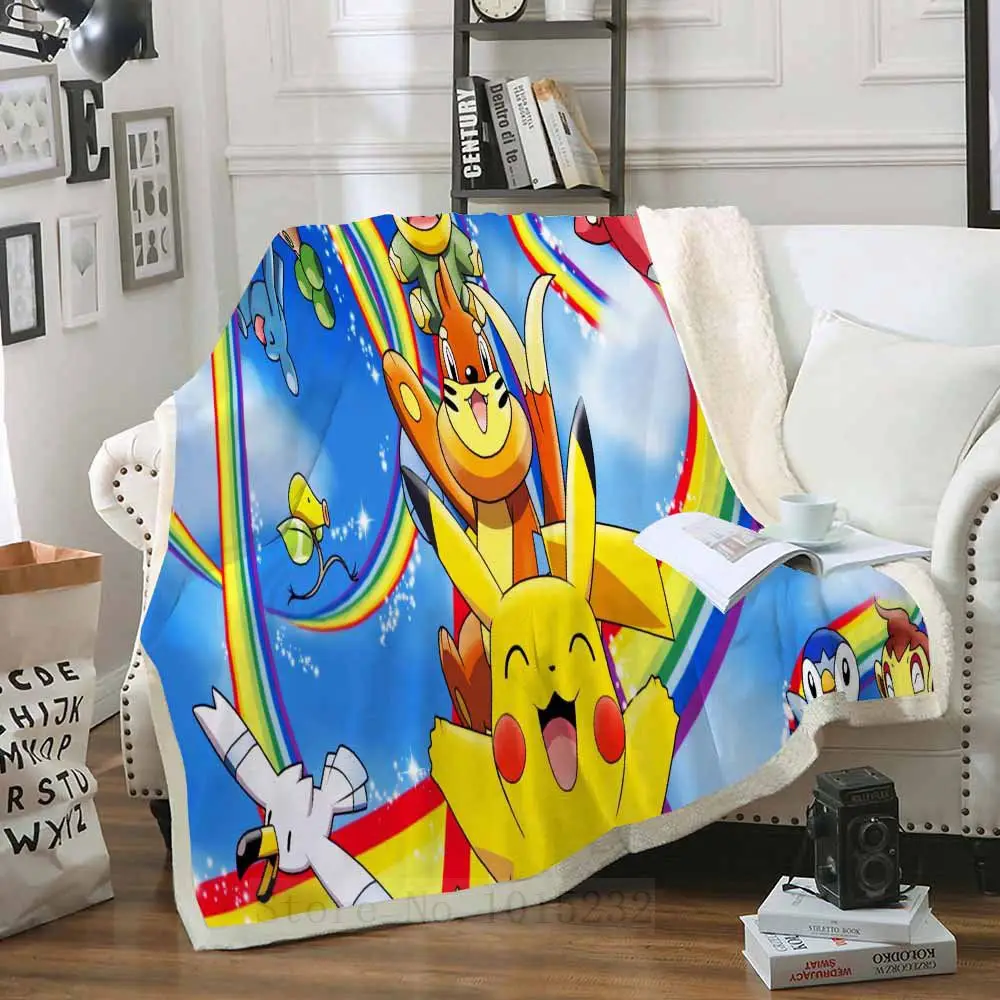 Одеяло Pokemon Pikachu с 3D принтом из шерпы, покрывало для дивана, покрывало для путешествий, постельные принадлежности, бархатное плюшевое Флисовое одеяло, покрывало