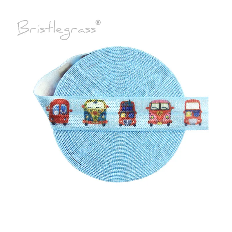 BRISTLEGRASS 5 Yard 5/8&quot 15mm Blue Cartoon Car Print Foldover Elastic FOE Spandex Satin Band Hair Tie Headband Tutu Dress Sewing |