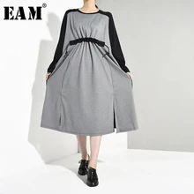 [EAM] женское серое Свободное длинное платье большого размера с завязками, новинка, круглый вырез, длинный рукав, свободный крой, модный стиль, весна-осень, 1A124