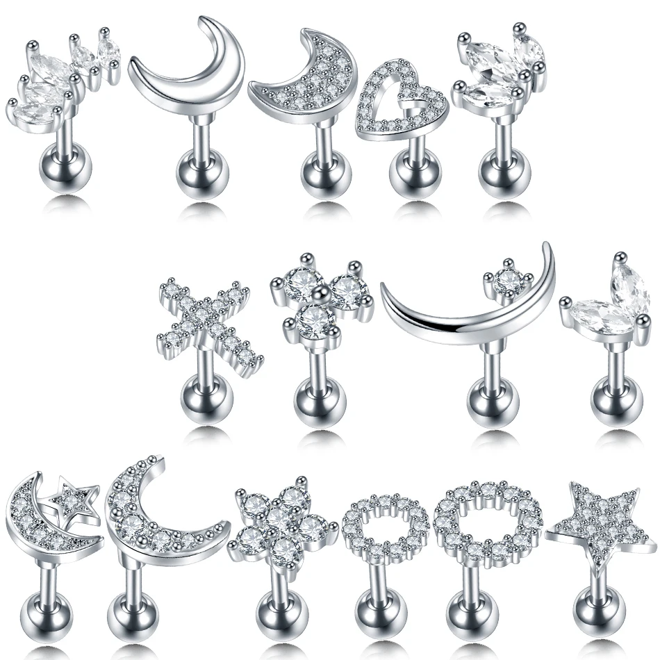 

1PC 16G CZ Gem Cartilage Stud Moon Star Heart Cross Flower Crown Helix Tragus Piercings Conch Rook Stud Earring Piercing Jewelry