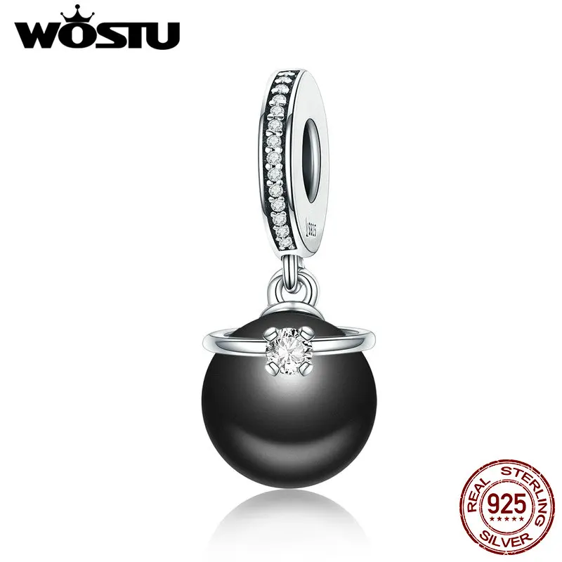 

WOSTU HOT Sale 925 Sterling Silver & Black Pearl With CZ Ring Dangle Charm fit Original Beads Bracelet Pendant Jewelry CQC572