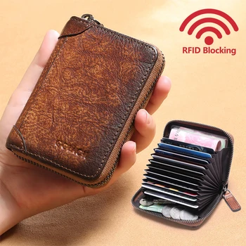 

RFID Blocking Genuine Leather Mean Card Holder Retro Style Luxury First Layer of Cowhide Safe Small Male Purse 3 colors