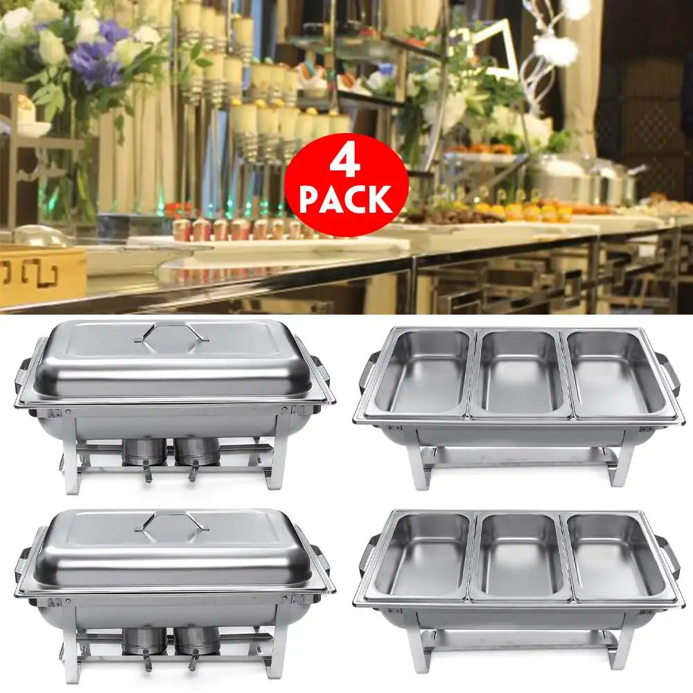 

4Packs 9L 3 Plates Foldable Stainless Steel Square Buffet Stove Dish Set Container Food Warmer Chafing Dish Full Buffet Catering