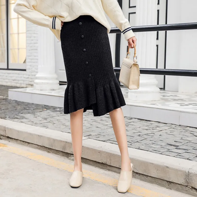 Women Skirt Button Tight Skirts Irregular Women Skirts Fashion Knit High Waist Skirts