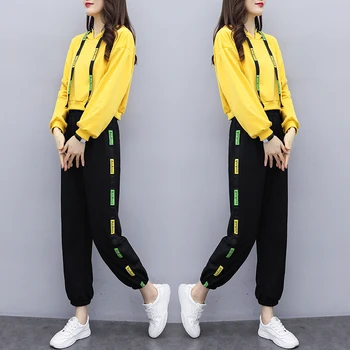 

2020 Spring New Women's Casual Two-piece Korean Fashion Solid Color Short Hoodie + Pants Female Tracksuit Sports Pullover Loose