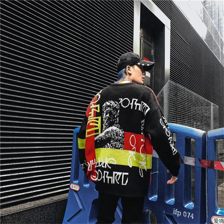 Harajuku трикотажные свитера мужские хип-хоп печати свободный пуловер свитер уличная Мужская Женская мода зима одежда WG587