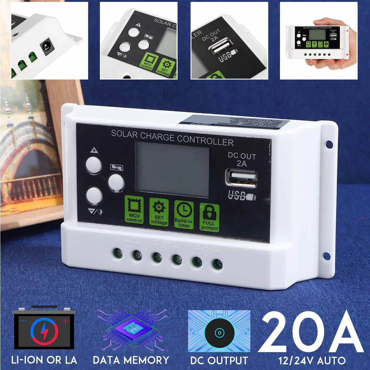 

20A 12V/24V LCD Display PWM Solar Panel Charging Controller Li-ion & Lead Acid Battery Compatible USB DC Backlight Display