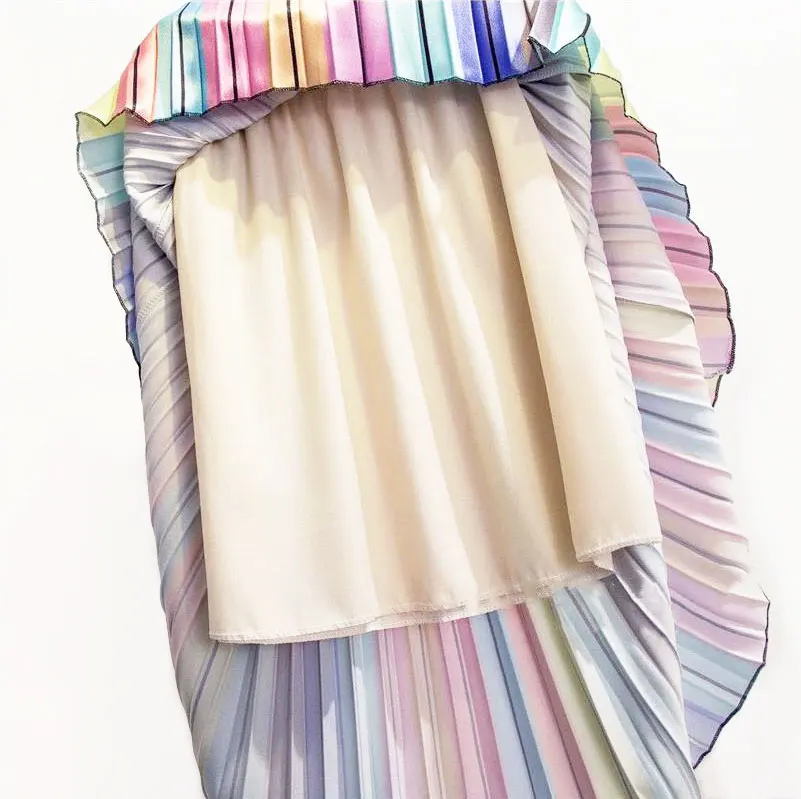 Green with lining Корейский стиль, винтажная Радужная цветная плиссированная сатиновая юбка, весна-лето, эластичная высокая талия, макси, трапециевидная юбка, Faldas - Цвет: Green with lining