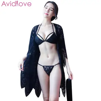 

Women Sexy Lingerie Set Floral Lace Three Point Erotic Underwear With Cardigan Mini Babydoll Chemise Intimates Porno Sleepwear