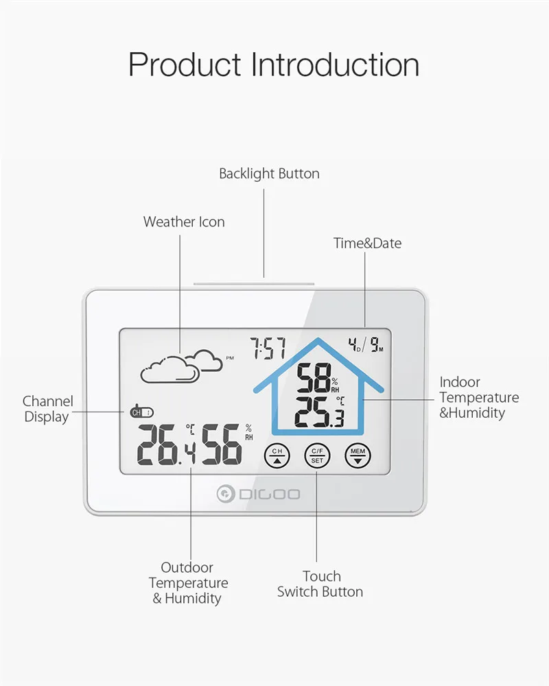 Digoo DG-TH8380 беспроводной термометр гигрометр сенсорный экран Метеостанция термометр Открытый датчик погоды Часы