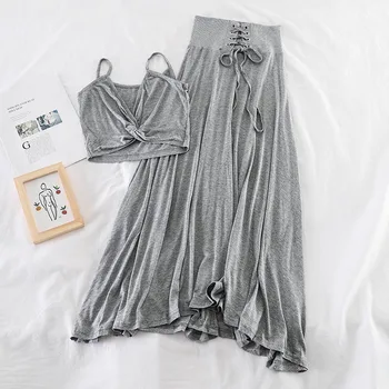 

Simple Korean Sexy Cross Short Camisole High Waist Bandage Swing Skirt Two Piece Set Womens Suits Dresses