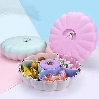 

Wheat Straw Candy Box with Lid Pumpkin Shape Fruit Dish Inner Petals Grid Dried Fruit Storage Box Multi-purpose Storage Tool