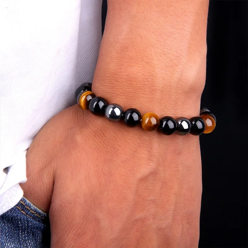 Men Women Bracelet Triple Protection Bracelet Obsidian Hematite Tiger Eye Beads Bracelet Men Jewelry Bring Luck and Prosperity