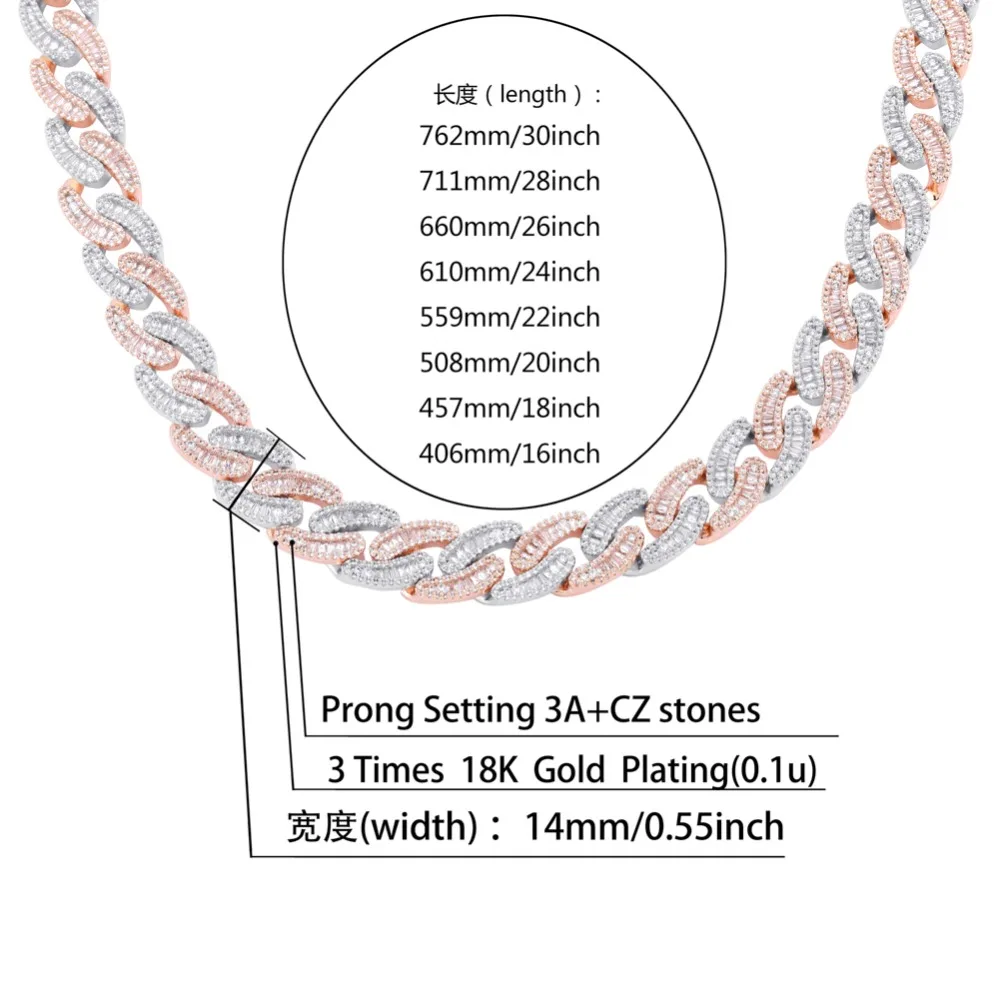 TOPGRILLZ 16-30 дюймов замок застежка 14 мм золото серебро ожерелье ледяной багет Циркон сверкающие хип хоп рок ювелирные изделия
