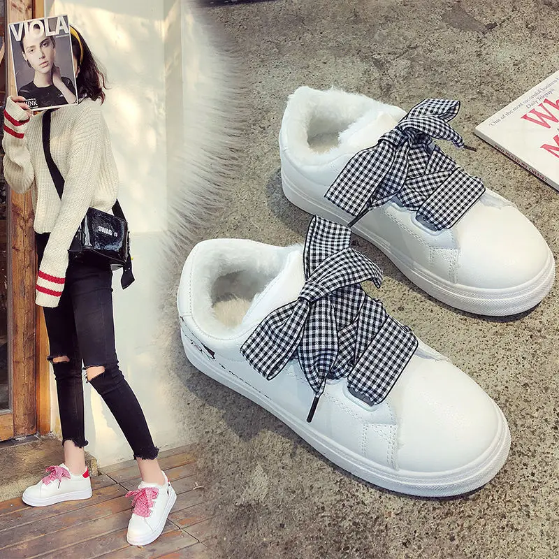 

Plus Velvet White Shoes Student Korean-style Flat Shoes New Style Cat Bow Lace-up Casual Women's Warm Cotton-padded Shoes