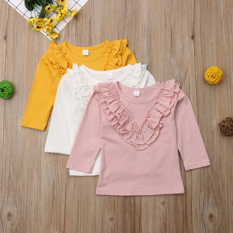 

2019 Spring Autumn Baby Kids Girls T-Shirt 3 Colors Solid Color Sweet Fashion Cute Cotton Comfortable Ruffle Long Sleeve Tops