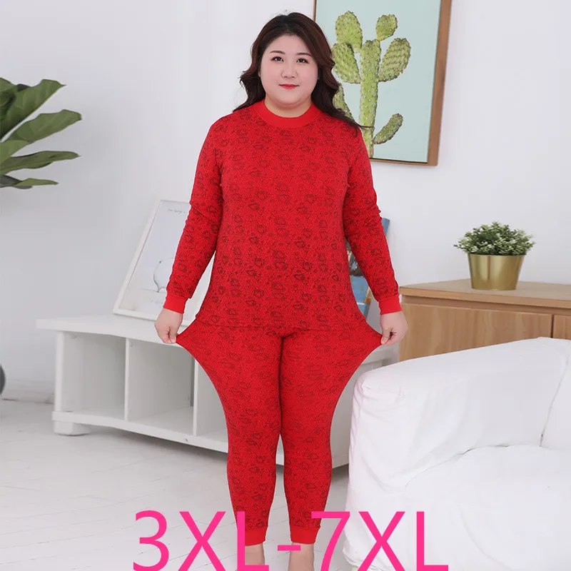 winter plus size for women thick slim long sleeve elastic thermal underwear sets large pajamas floral 3XL 4XL 5XL 6XL 7XL