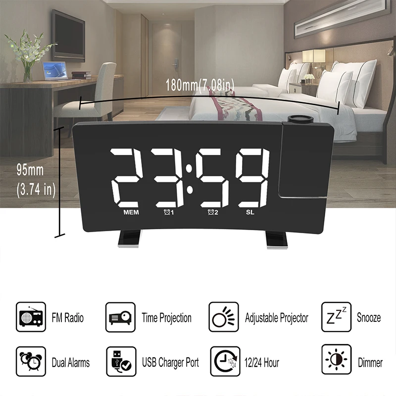 Home Projection FM Radio Digital Alarm Clock Snooze Function Backlight Rotatable Wake Up Projector