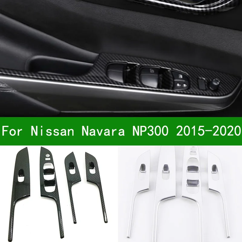 Für nissan navara NP300 2015-2021 Pickup Chrome Silber Fensterheber schalter, fensterheber trim Carbon fiber Innen Tür aufkleber